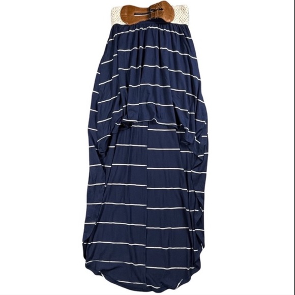 Rue 21 size small navy blue & white striped high/low skirt, elastic belted waist - Picture 1 of 8